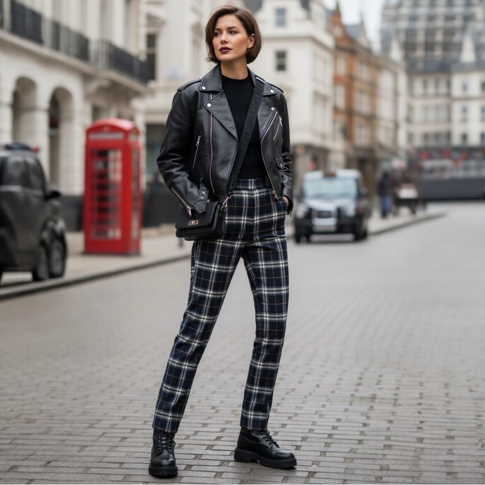 Burberry NEW Nova Check Plaid Straight Leg Light Wool Pantsโ Zip Pockets Neutral